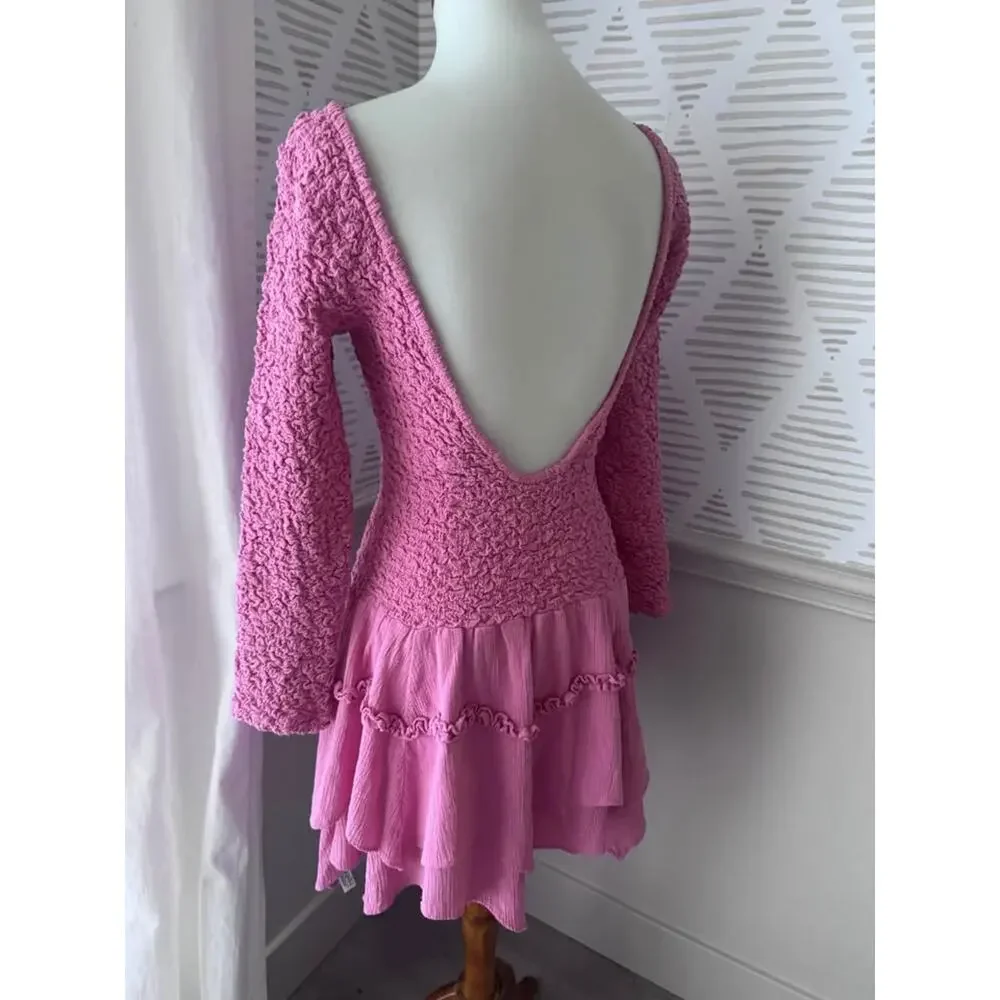 Free People Small Pink What A Time Drop-Waist Crinkle Stretchy Mini Dress